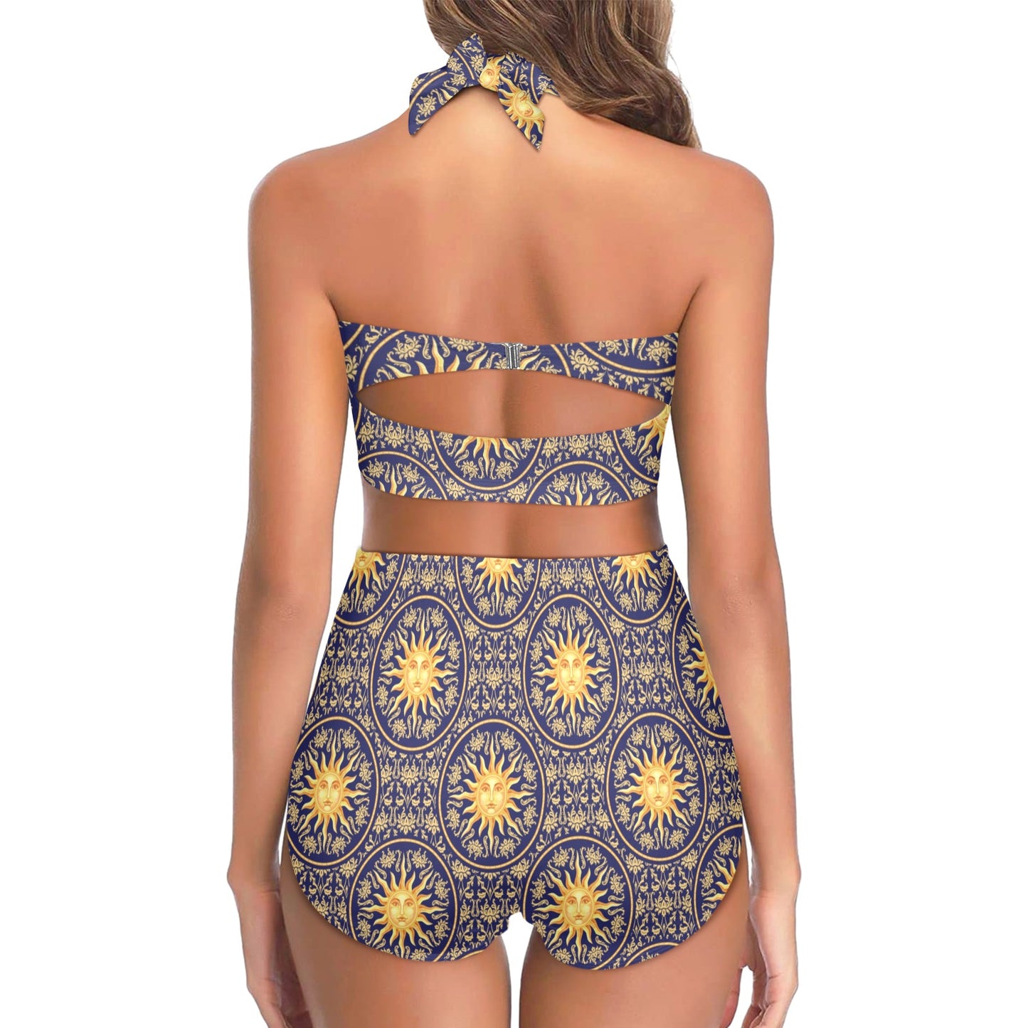 Celestial Gold Sun Face Halter Neck Bikini Swimsuit