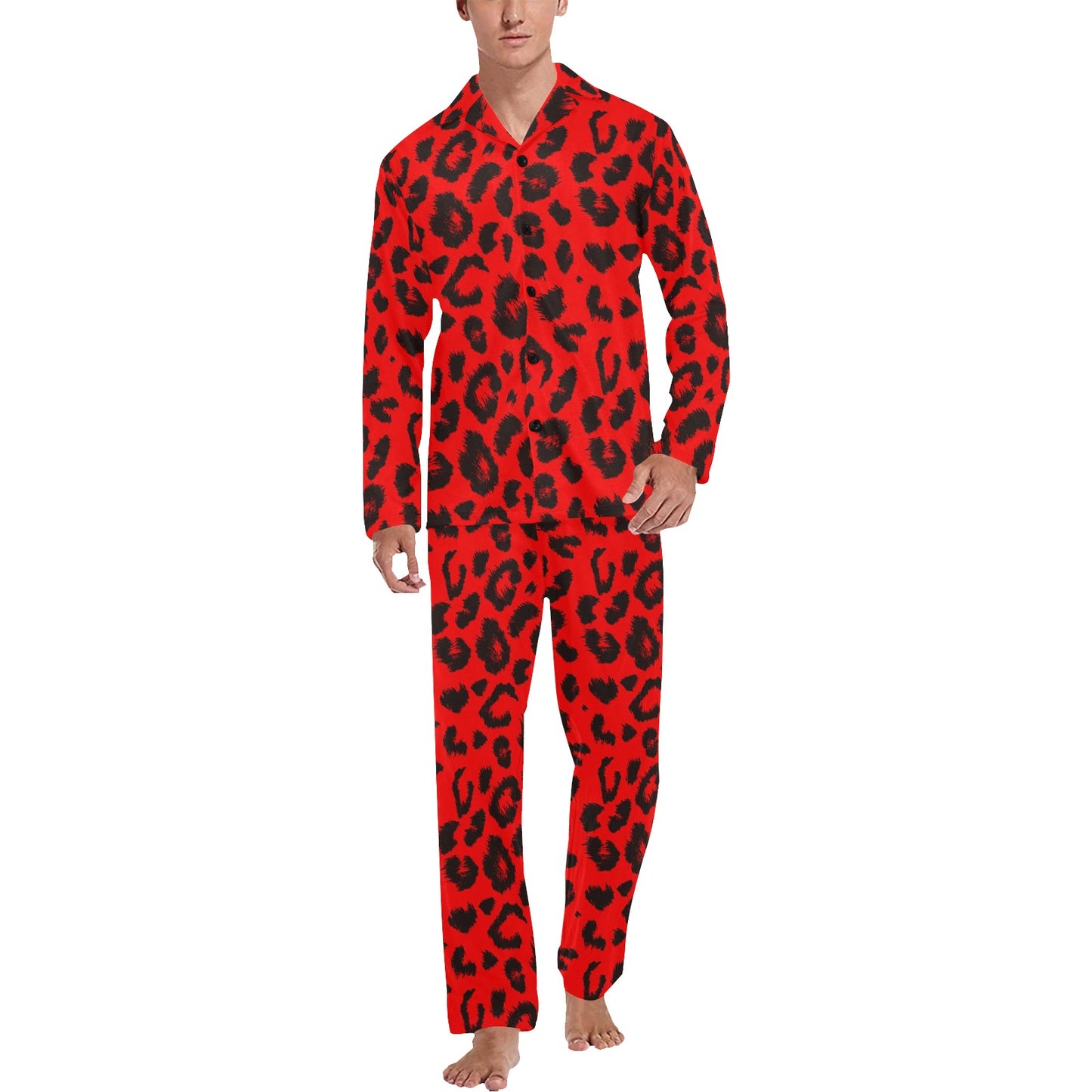 Leopard Red Skin Print Men's Long Pajama Set