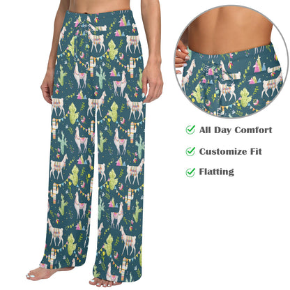 Llama with Cactus Design Print Women's Wide Leg Lounge Pants