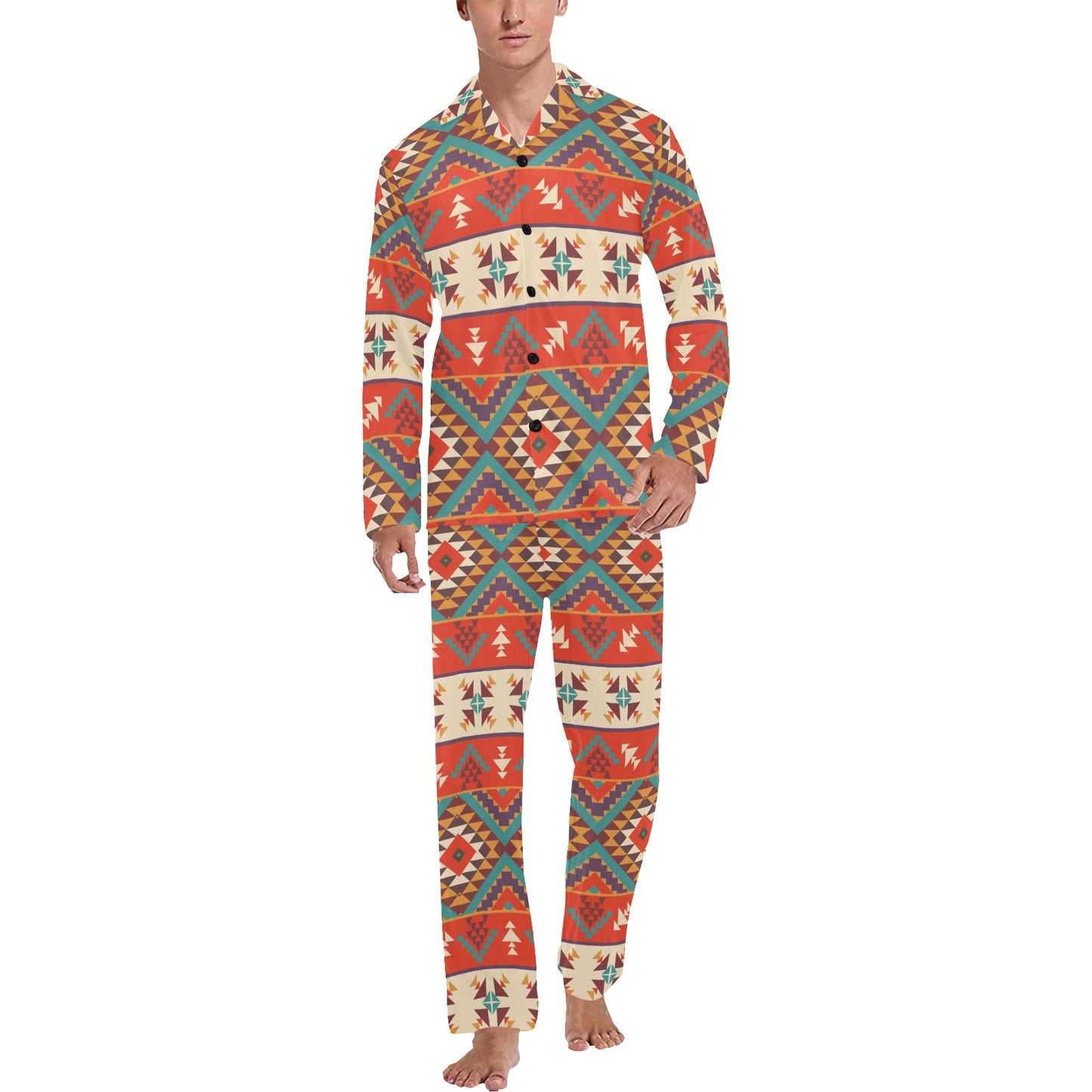 Aztec Red Print Pattern Men's Long Pajama Set