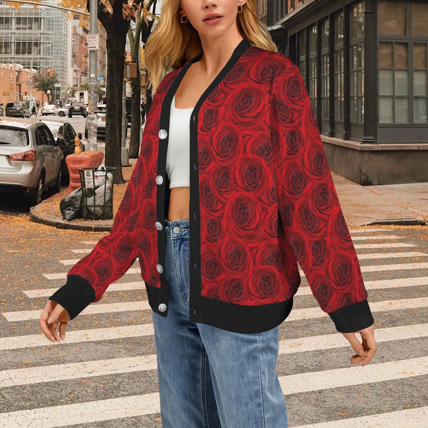 Rose Red Pattern Print Design RO04 Women's Cardigan