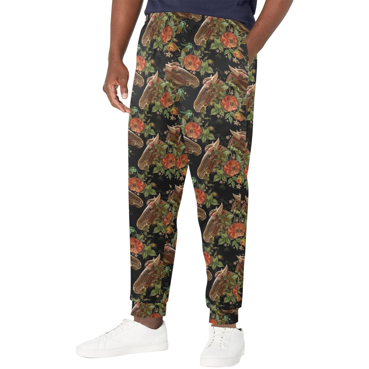 Horse Embroidery with Flower Design Men's Casual Track Pants