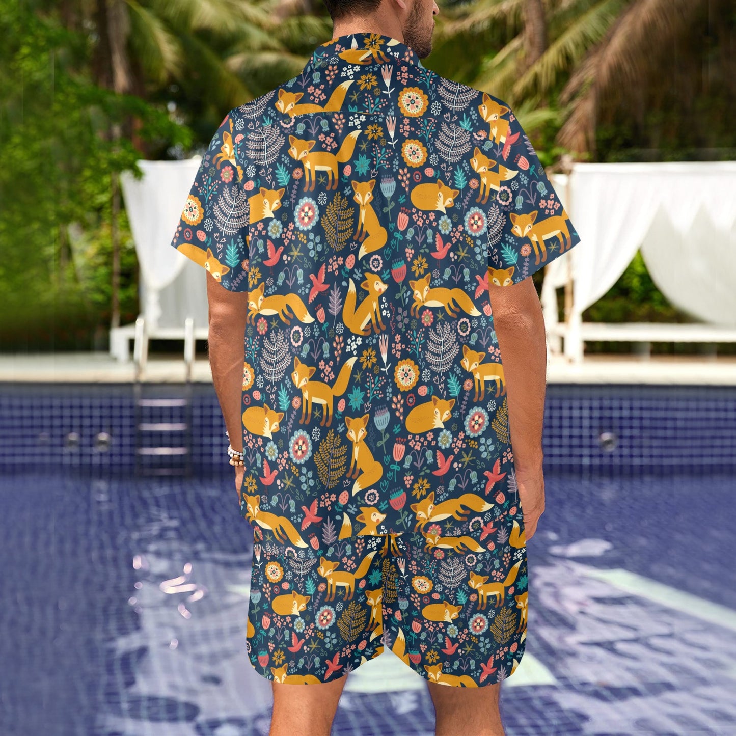 Fox Cute Jungle Print Pattern Men's Beach Shirt and Shorts Set