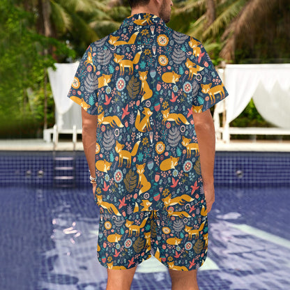Fox Cute Jungle Print Pattern Men's Beach Shirt and Shorts Set