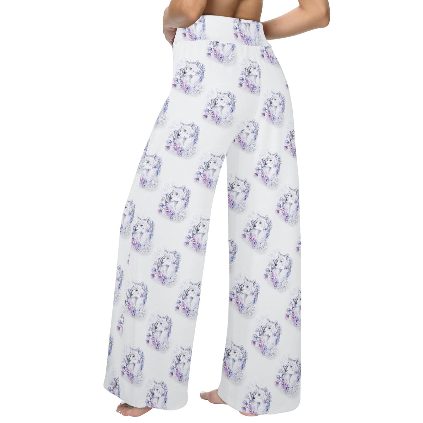 Wolf with Flower Print Design Women's Wide Leg Lounge Pants