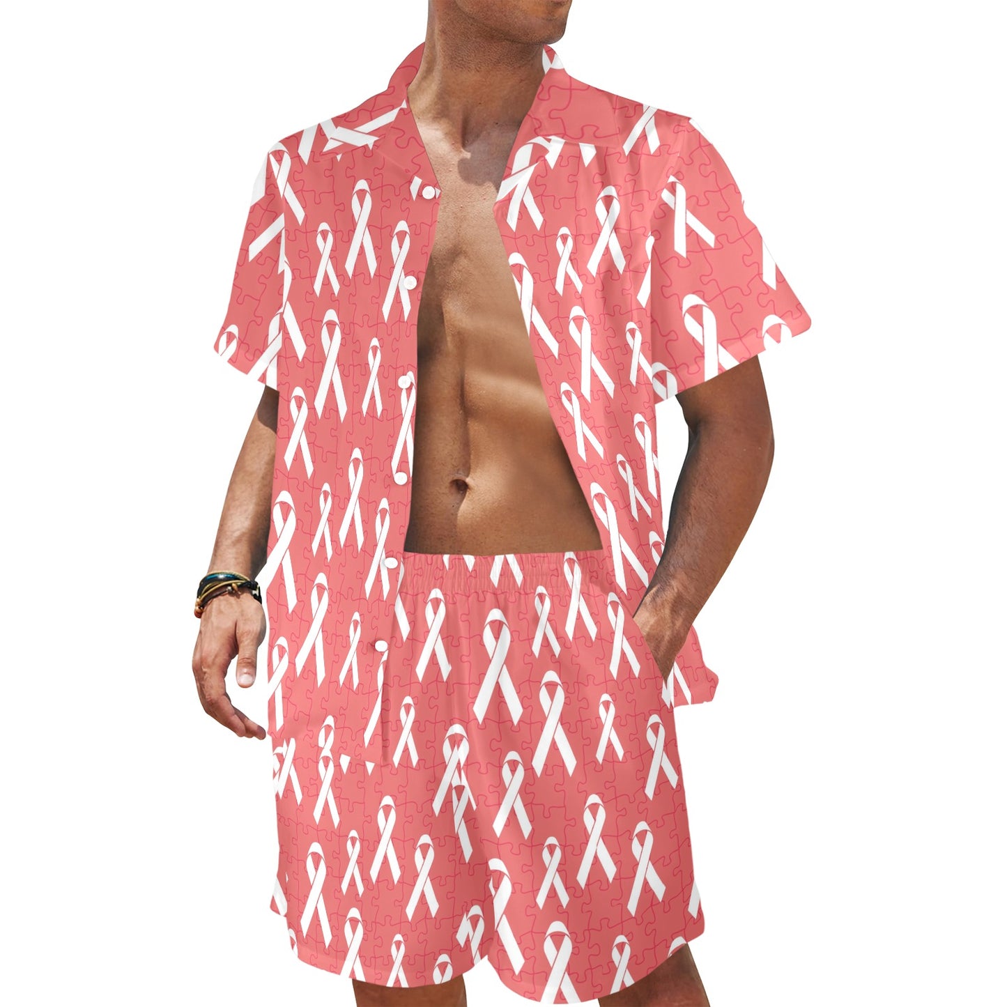 Autism Awareness Ribbon Design Print Men's Beach Shirt and Shorts Set