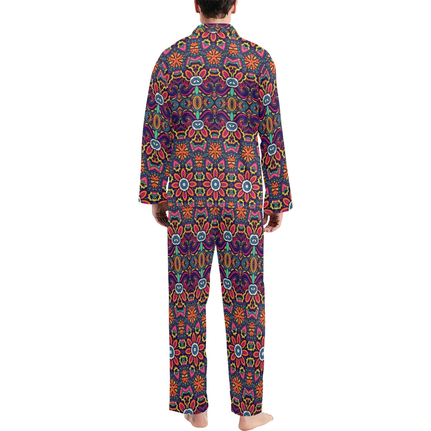 Ethnic Flower Style Print Pattern Men's Long Pajama Set