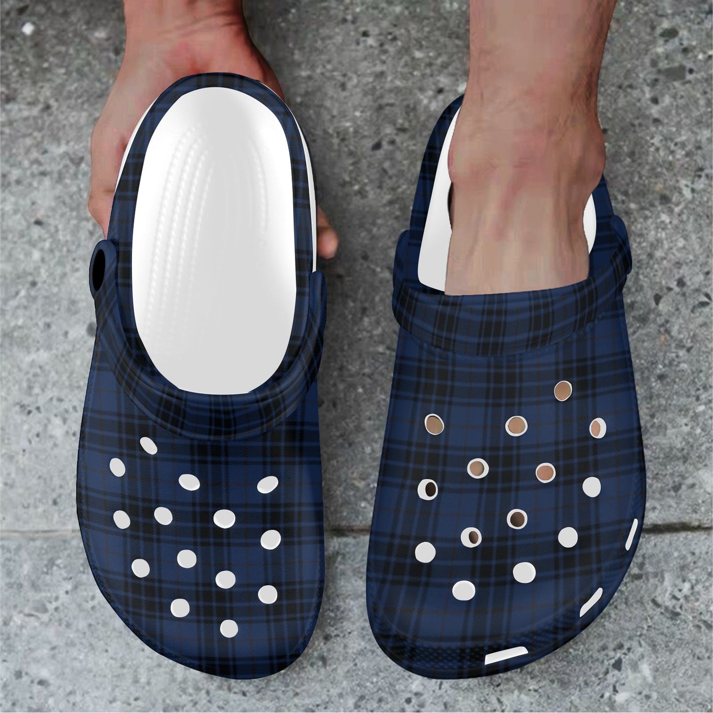 Navy Blue Tartan Plaid Pattern Unisex Clogs Shoes