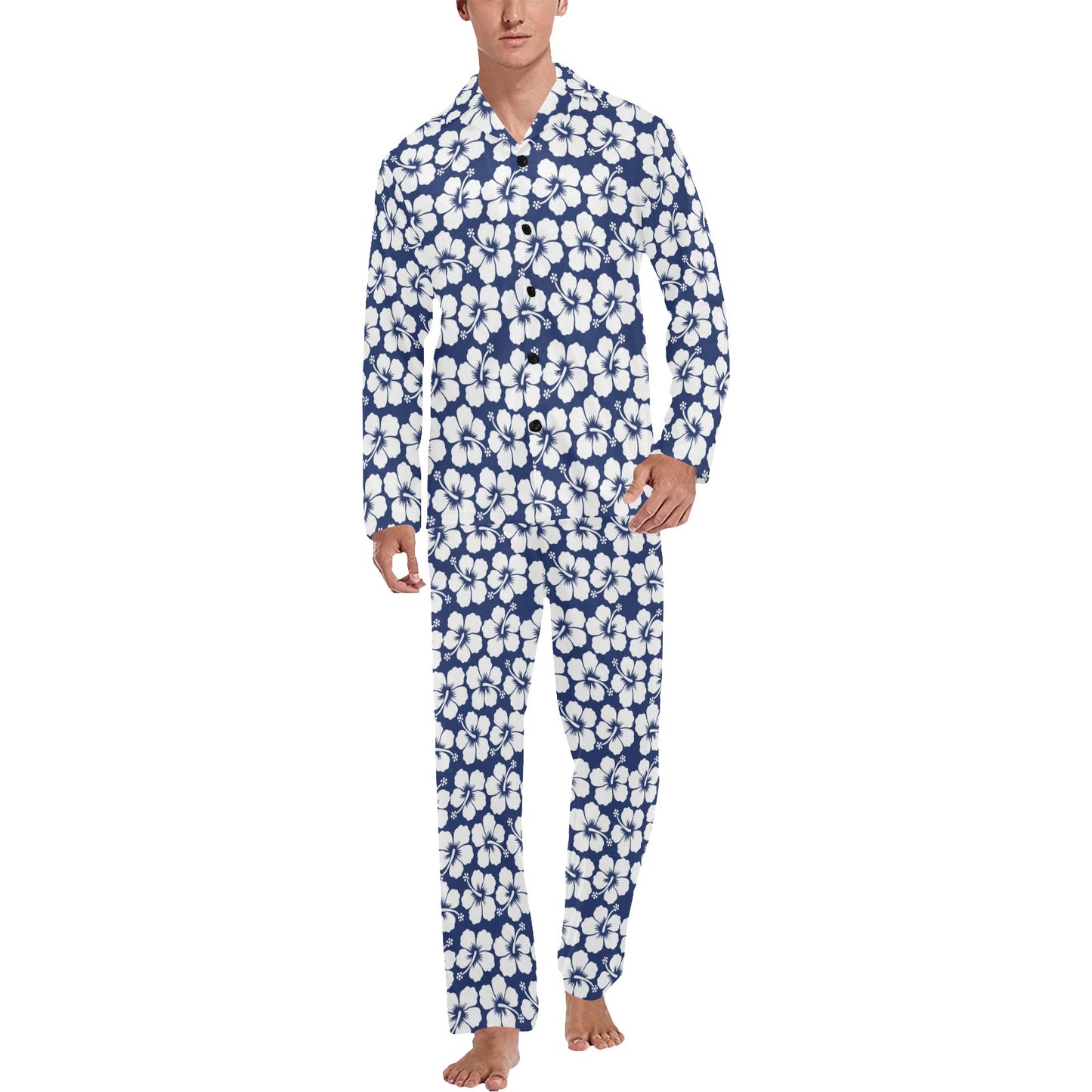 Hibiscus Blue Hawaiian Flower Pattern Men's Long Pajama Set
