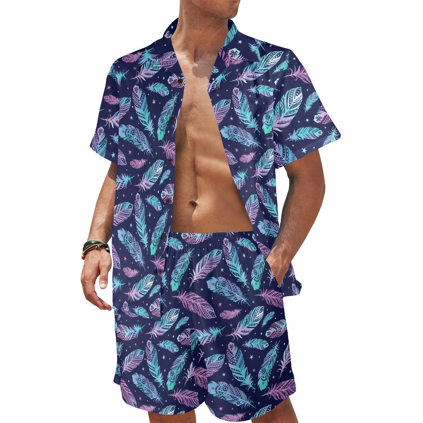 Feather Aztec Design Print Men's Beach Shirt and Shorts Set