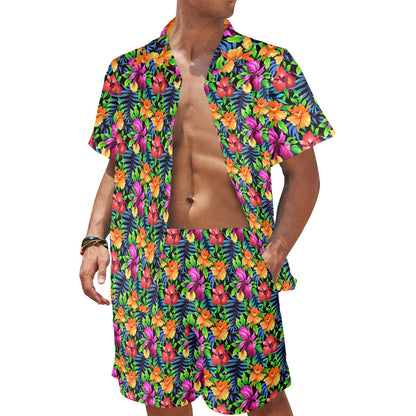 Tropical Folower Colorful Print Men's Beach Shirt and Shorts Set