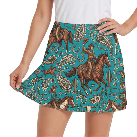 Western Cowgirl Horse Paisley Seamless Pattern Turquoise 17" Golf & Pickleball Skort with Pockets