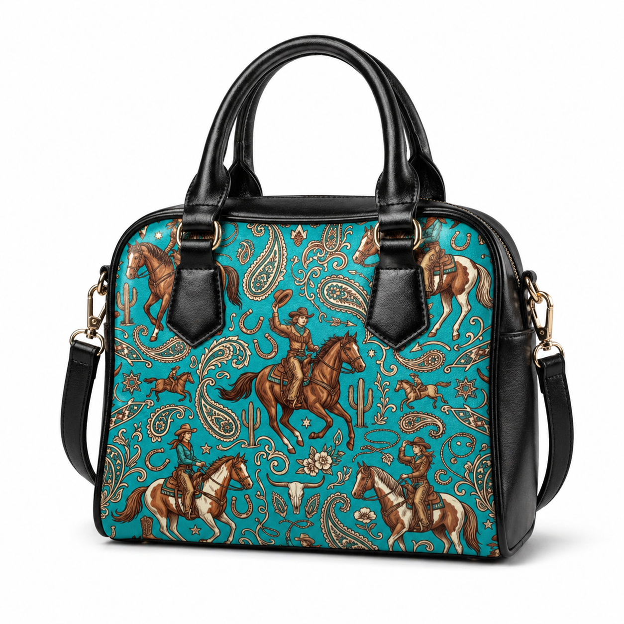 Western Cowgirl Horse Paisley Seamless Pattern Turquoise shoulder handbags