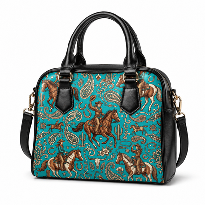 Western Cowgirl Horse Paisley Seamless Pattern Turquoise shoulder handbags