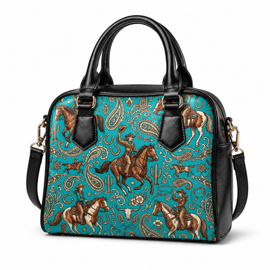 Western Cowgirl Horse Paisley Seamless Pattern Turquoise shoulder handbags