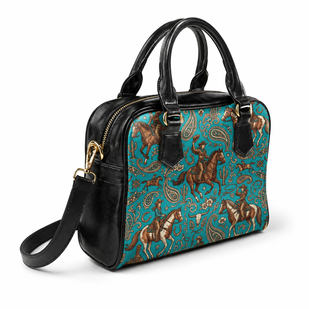 Western Cowgirl Horse Paisley Seamless Pattern Turquoise shoulder handbags