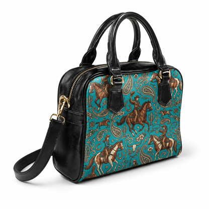 Western Cowgirl Horse Paisley Seamless Pattern Turquoise shoulder handbags