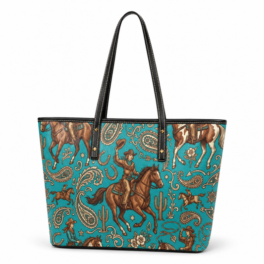 Western Cowgirl Horse Paisley Seamless Pattern Turquoise PU Leather Tote Bag