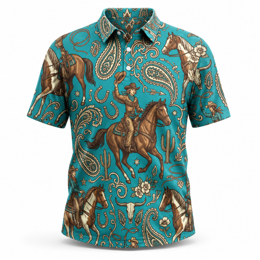 Western Cowgirl Horse Paisley Seamless Pattern Turquoise Women's Polo Shirt