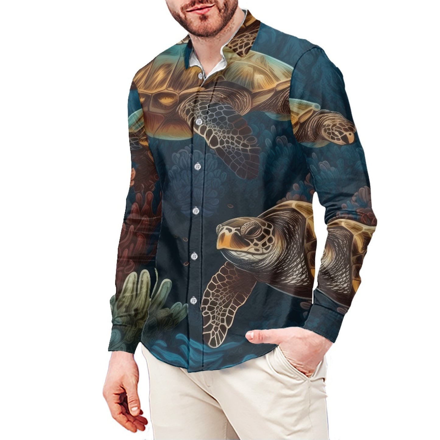 Sea turtle Underwater Themed Men's Long Sleeve Dress Shirt