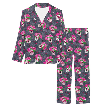 Sugar Skull Pink Rose Themed Print Women's Long Pajama Set