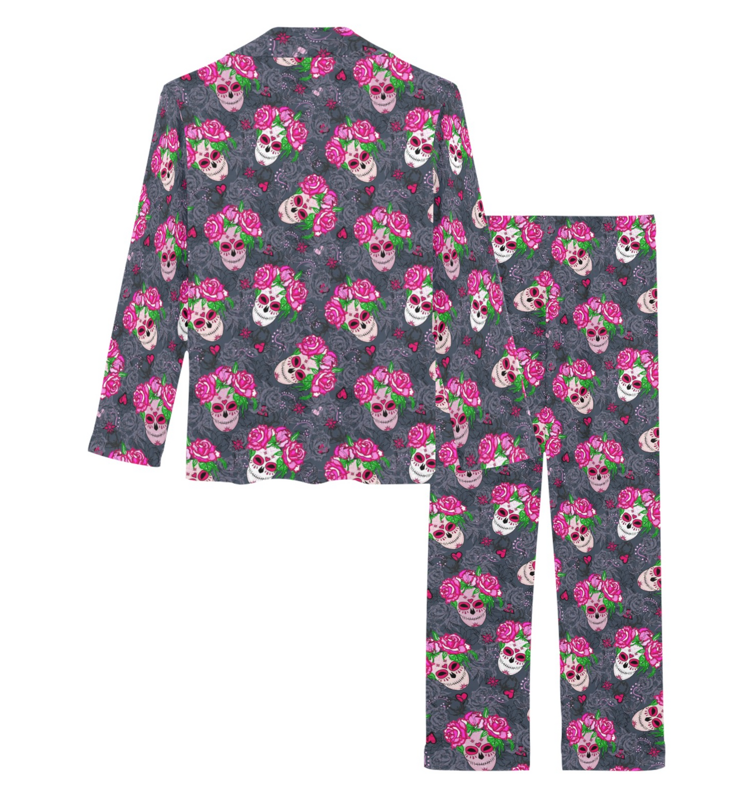 Sugar Skull Pink Rose Themed Print Women's Long Pajama Set