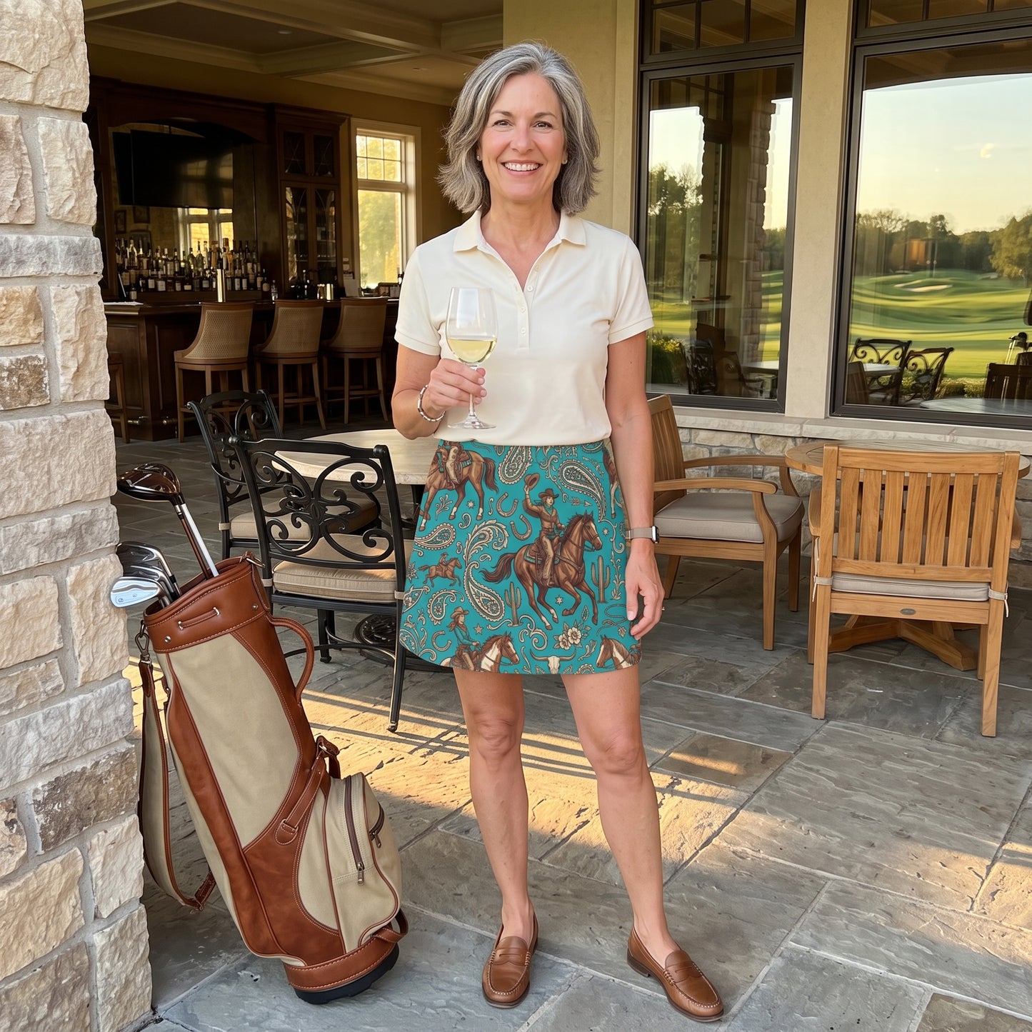 Western Cowgirl Horse Paisley Seamless Pattern Turquoise 17" Golf & Pickleball Skort with Pockets
