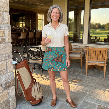 Western Cowgirl Horse Paisley Seamless Pattern Turquoise 17" Golf & Pickleball Skort with Pockets