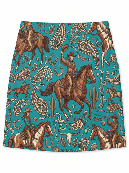 Western Cowgirl Horse Paisley Turquoise 17" Golf & Pickleball Skort with Pockets
