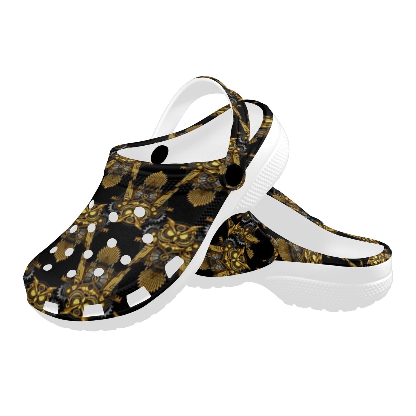 Steampunk Gold Owl Design Themed Print Unisex Clogs Shoes