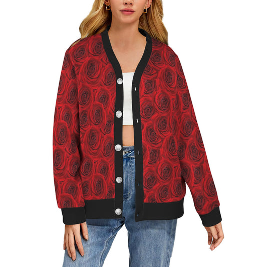 Rose Red Pattern Print Design RO04 Women's Cardigan