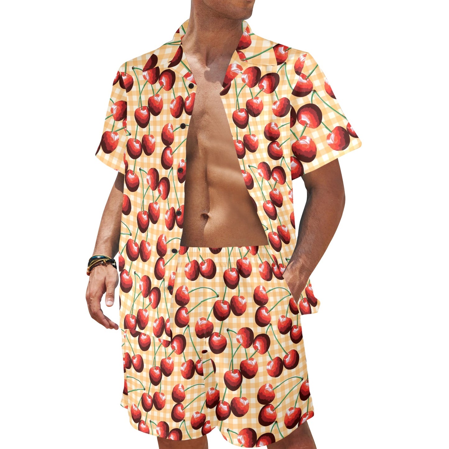 Cherry Orange Plaid Print Men's Beach Shirt and Shorts Set