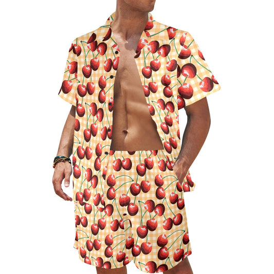 Cherry Orange Plaid Print Men's Beach Shirt and Shorts Set