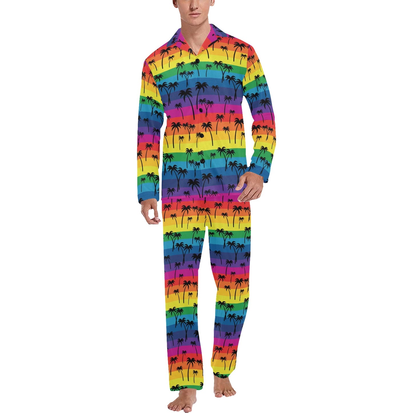 Palm Tree Rainbow Themed Print Men's Long Pajama Set