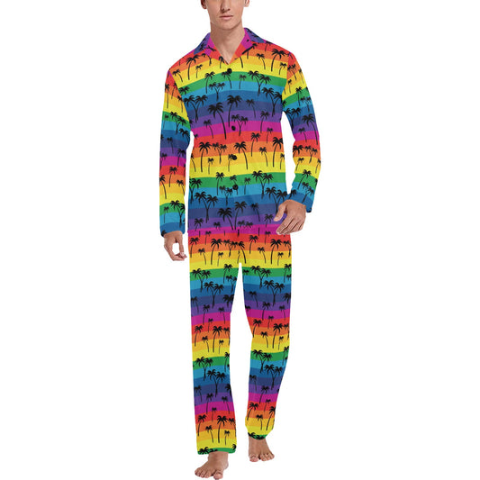 Palm Tree Rainbow Themed Print Men's Long Pajama Set