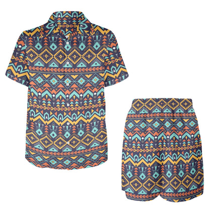 Aztec Style Print Pattern Men's Beach Shirt and Shorts Set