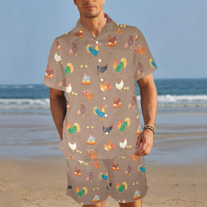 Chicken Happy Print Pattern Men's Beach Shirt and Shorts Set