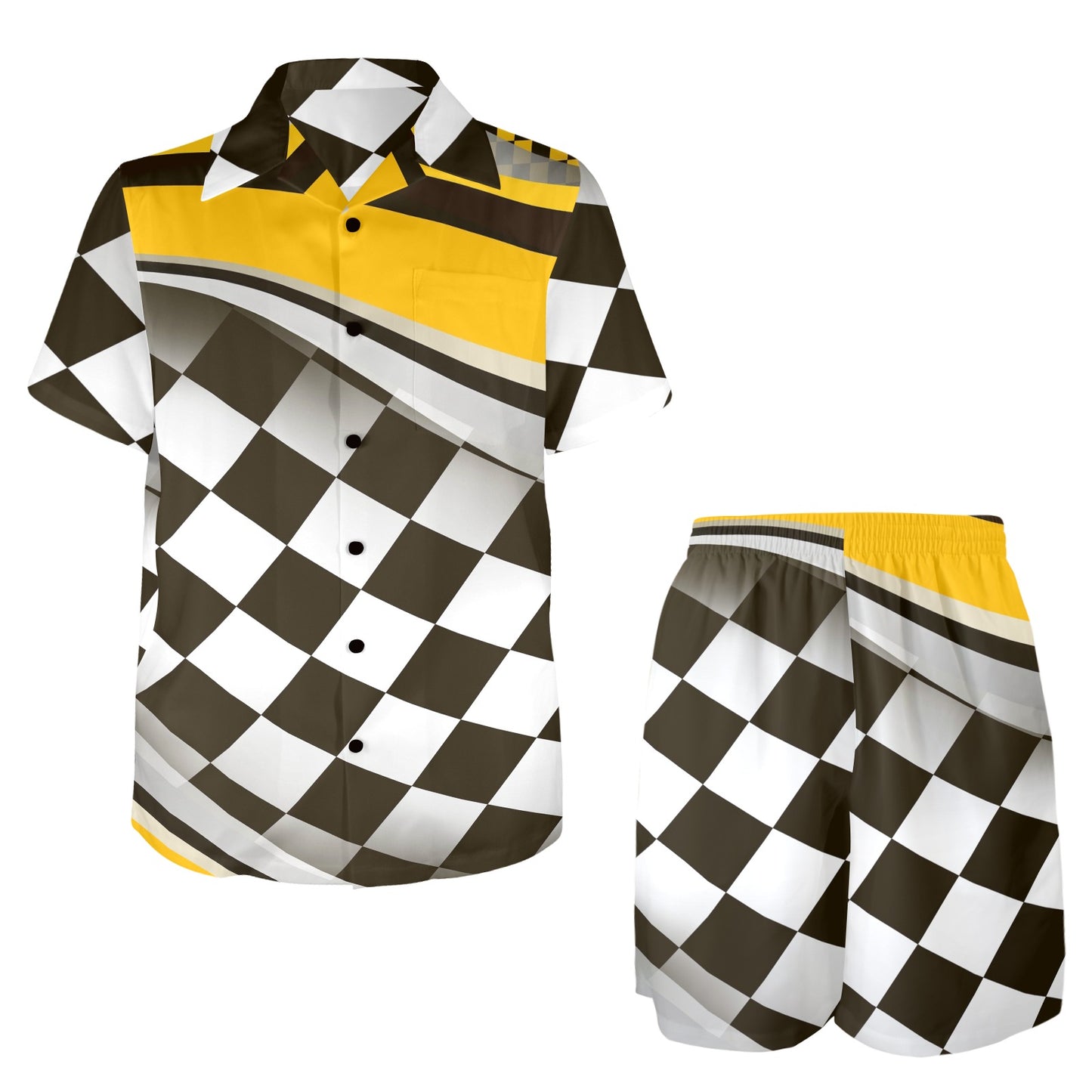 Checkered Flag Racing Style Men's Beach Shirt and Shorts Set