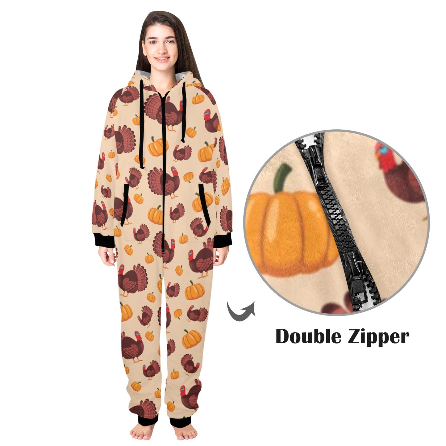 Thanksgiving Print Design LKS308 Hooded Fleece Onesie Pajama Jumpsuit