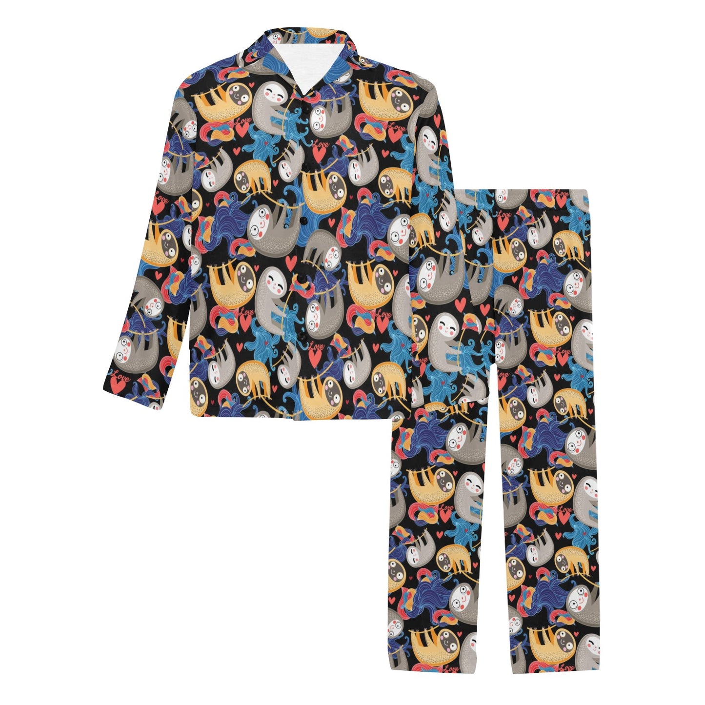 Sloth Cartoon Design Themed Print Men's Long Pajama Set