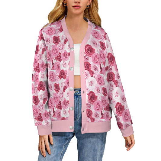 Pink Red Rose Pattern Print Women's Cardigan
