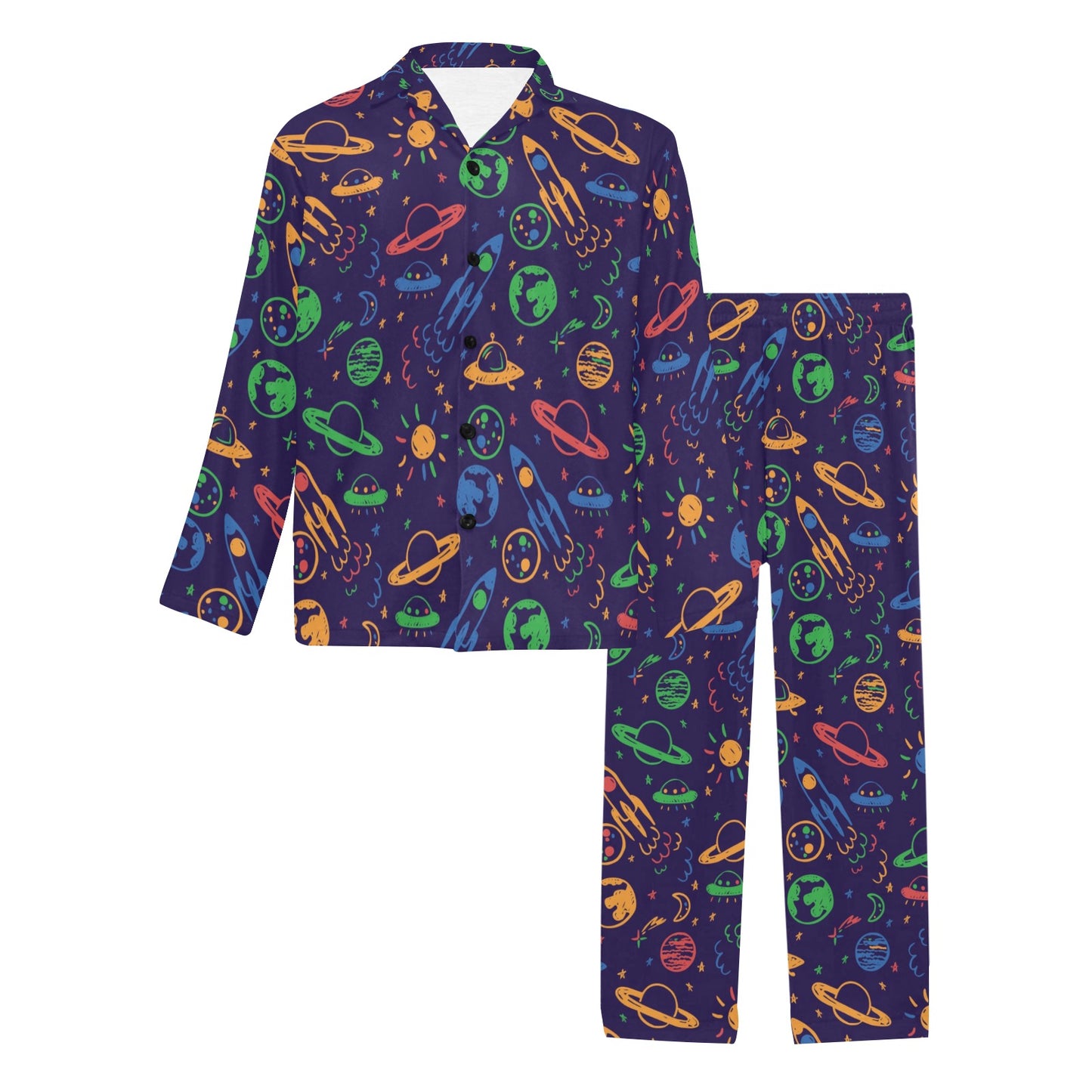 UFO Space Rocket Print Design LKS302 Men's Long Pajama Set