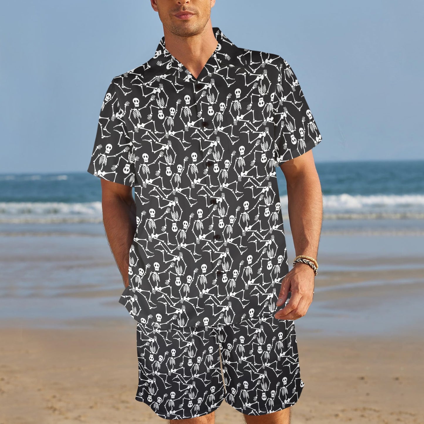 Skeleton Themed Print Men's Beach Shirt and Shorts Set
