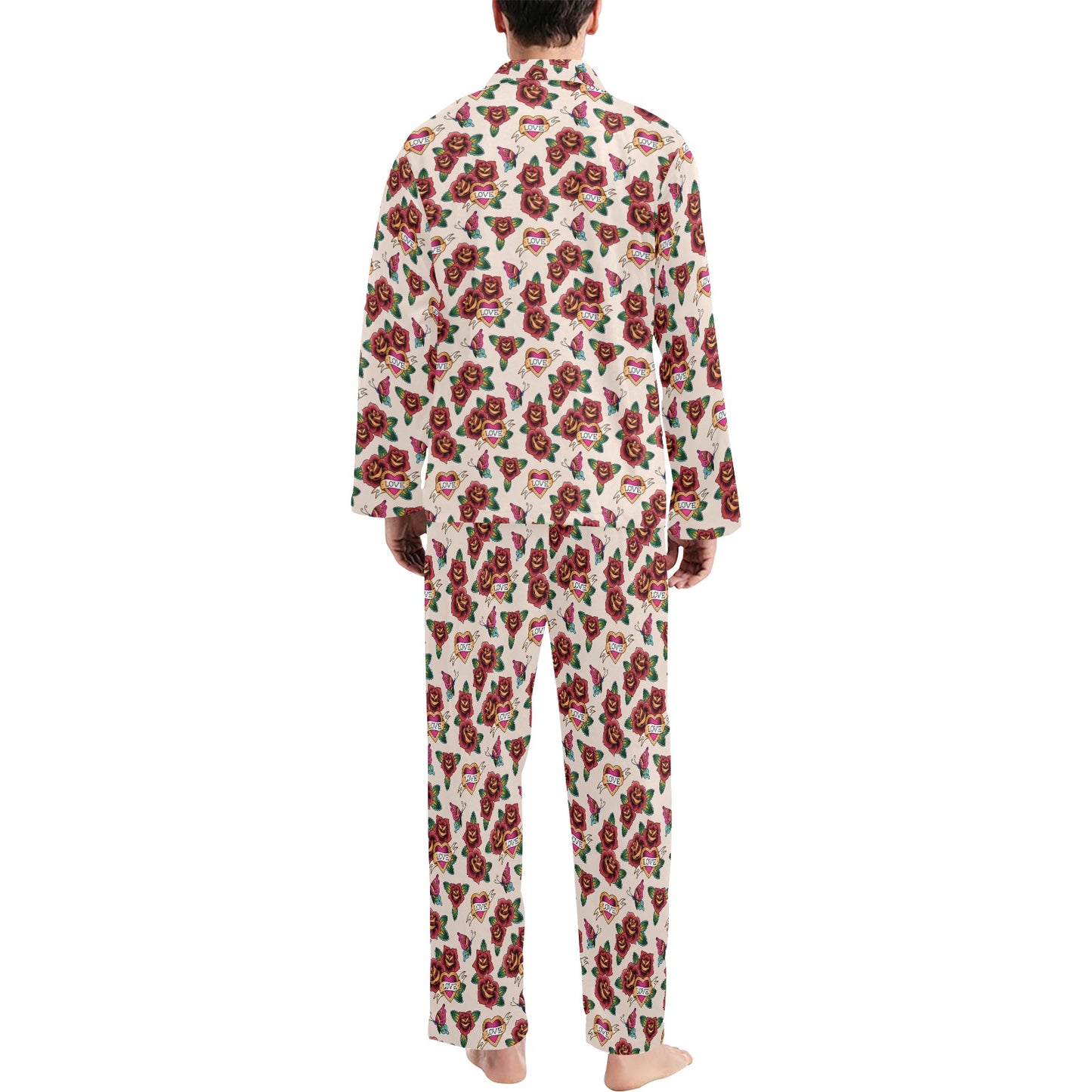 Old School Tattoo Rose Pattern Men's Long Pajama Set