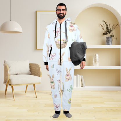 Rabbit Easter Eggs Pattern Print Design 03 Hooded Fleece Onesie Pajama Jumpsuit