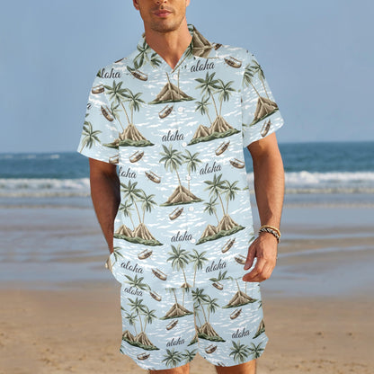Aloha Hawaii island Design Themed Print Men's Beach Shirt and Shorts Set