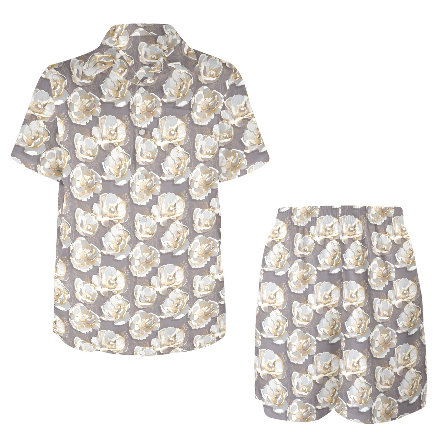 Elegant Grey Flower Print Men's Beach Shirt and Shorts Set