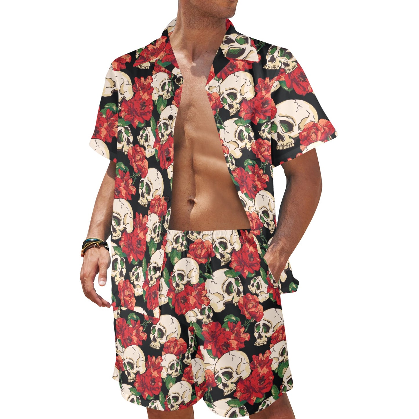 Skull Red Rose Men's Beach Shirt and Shorts Set