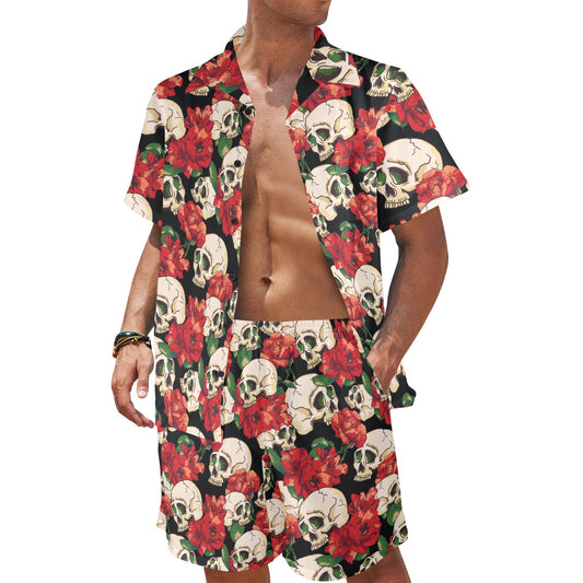 Skull Red Rose Men's Beach Shirt and Shorts Set