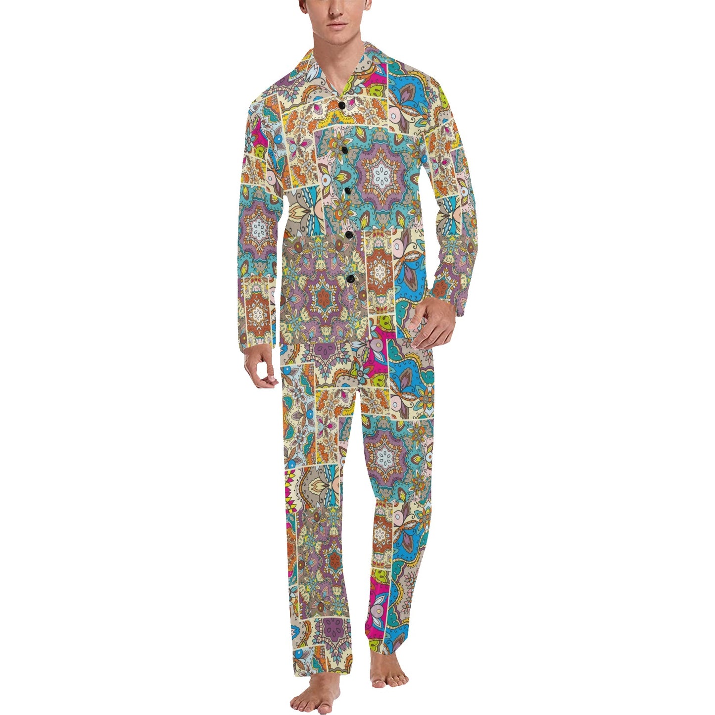 Patchwork Print Design LKS402 Men's Long Pajama Set
